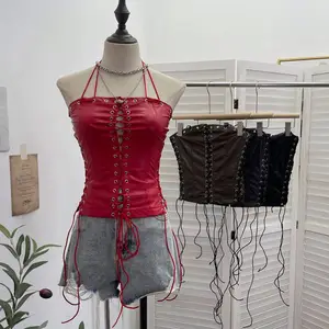 Dropshipping 2026 Ready to Ship Hot Sexy Fashion Leather Sexy Girls Popular Lace up Women Tank Tops
