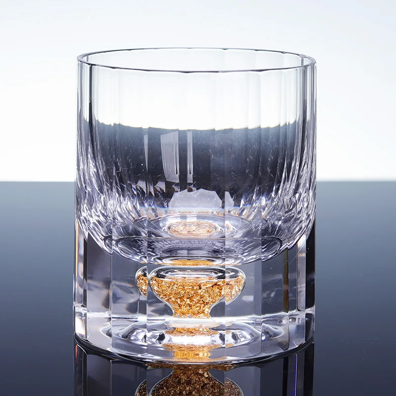 Luxury High-Quality Crystal Glass Cup with Vertical Lines and gold stone for Wine and Whisky - Ideal for Home and Bar