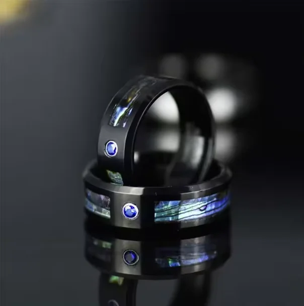 Black Tungsten Abalone Shell Inlay Ring 8mm Blue Sapphire Stone Wedding Band for Men
