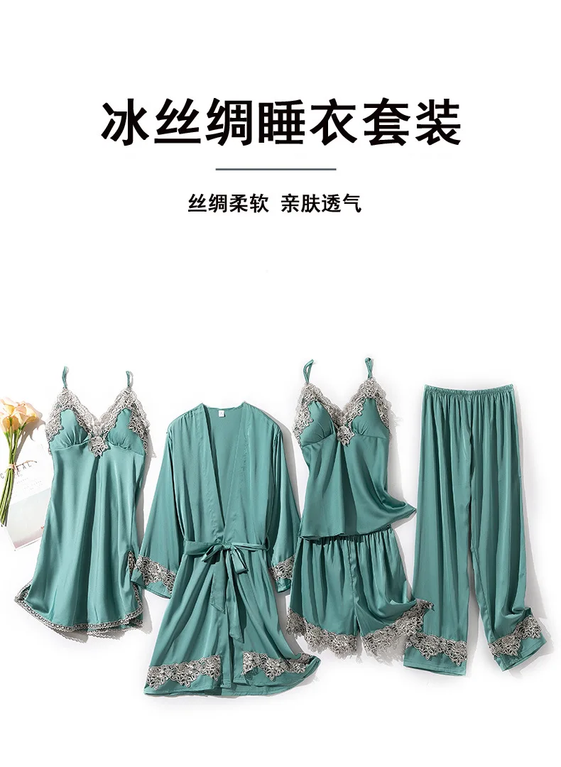 秋季睡眠服装女士5件套睡衣人造丝睡衣家居服装丝绸睡衣设计师灵感睡衣缎面女式睡衣套装 Buy 妇女丝绸睡衣 丝绸标志睡衣 丝绸睡衣