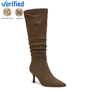 Elegant Women's Beige Suede Knee-High Slouchy Stiletto Heel Boots Slip-On Zip Height Increasing Fall Winter Snow Platform