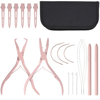 Pink Color Microlinks Hair Extensions Kit, Hair Extension Closer Removal Pliers, Micro Beads Pulling Hook & Microbead Loop Tool