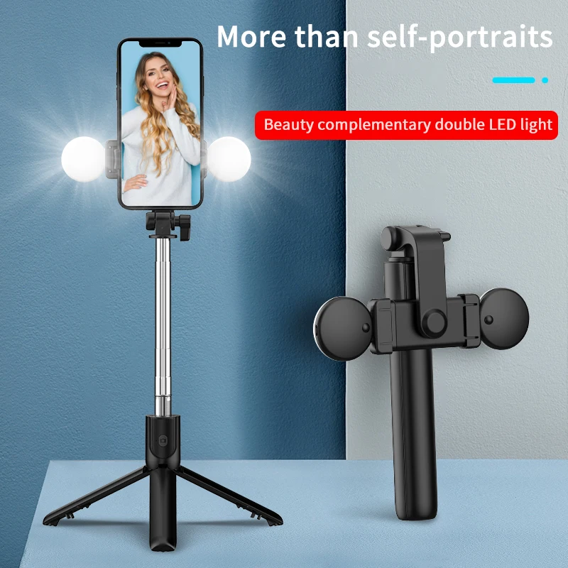Tongkat swafoto, tongkat Selfie dengan dudukan Tripod berputar, desain  dapat dilipat lampu LED untuk ponsel untuk swafoto dan Vlog