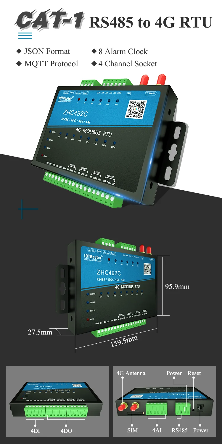 M2M Gsm Module ZHC4922 - Industrial LTE DTU Modem with 4DI/4AI/4DO