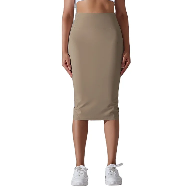 Women Girls Sexy Nude Feeling Mid-length Vent Package Hip Skirt Casual Solid Color High Waist Yoga Dress