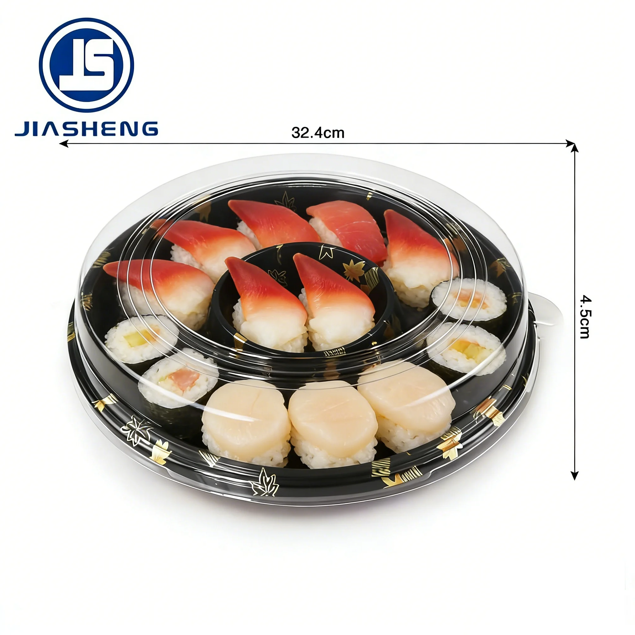 Disposable Food Grade Plastic Sushi Plates Round 5 Compartment Sushi Tray With Lid