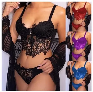 Women's Sexy Lace Lingerie Set Hot Style Embroidered Bra and Queue Firm Control Level with Elegant Embroidery Decoration
