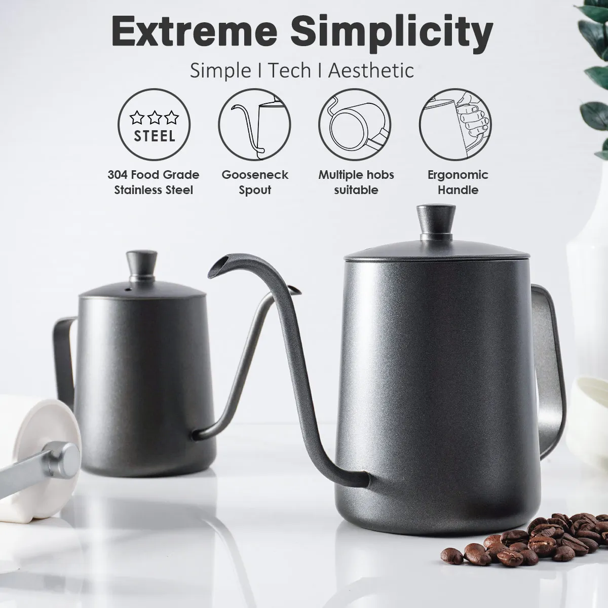 304 Stainless Steel Black Gooseneck Pour Over Coffee Kettle