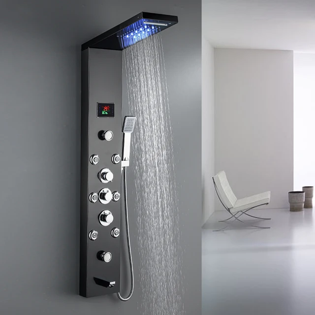 FLG Multifunction Rainfall Wall Mounted Shower Panel with LED High Quality Thermostatic Stainless Steel Contemporary