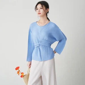 Miyake Pleated Blouse: Twist-Waist Design -- Sweet Elegant Casual Women's Top Daily & Office