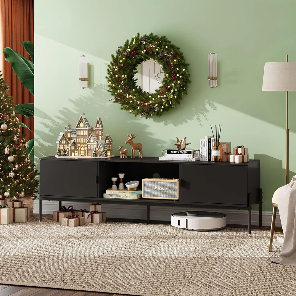 product nu deco farmhouse 65 inch tv stand with 2 storage cabinets open shelf wooden material metal legs black for living room  bedroom-7