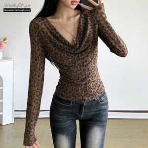 Autumn Winter Women's Retro Hot Girl Off-Shoulder Ripped Printed Skinny Blouses Simple Front Casual Breathable European American