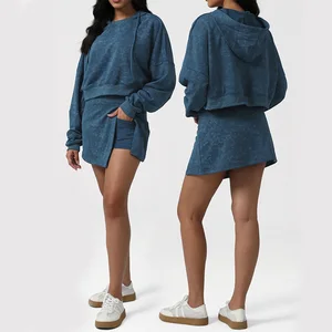 Roregal Printed Sports Tennis Skirt Set Hooded Long Sleeved Sweatshirt Skirt Pants Yoga Fitness Set