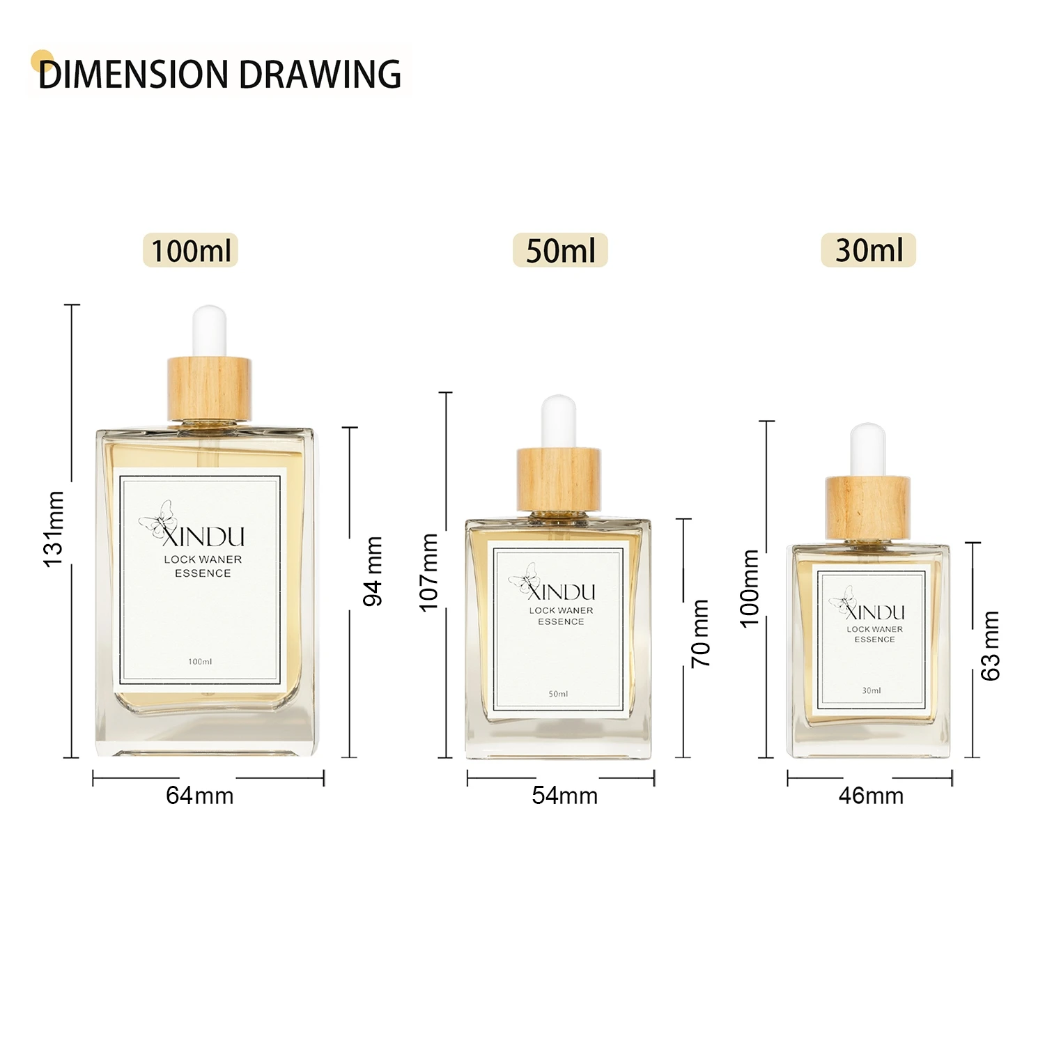 30ml 50ml 100ml Flat Square Rectangle Luxury Bamboo Head Dropper Essential Oil Glass Bottles Perfumes Packaging Glass Bottles
