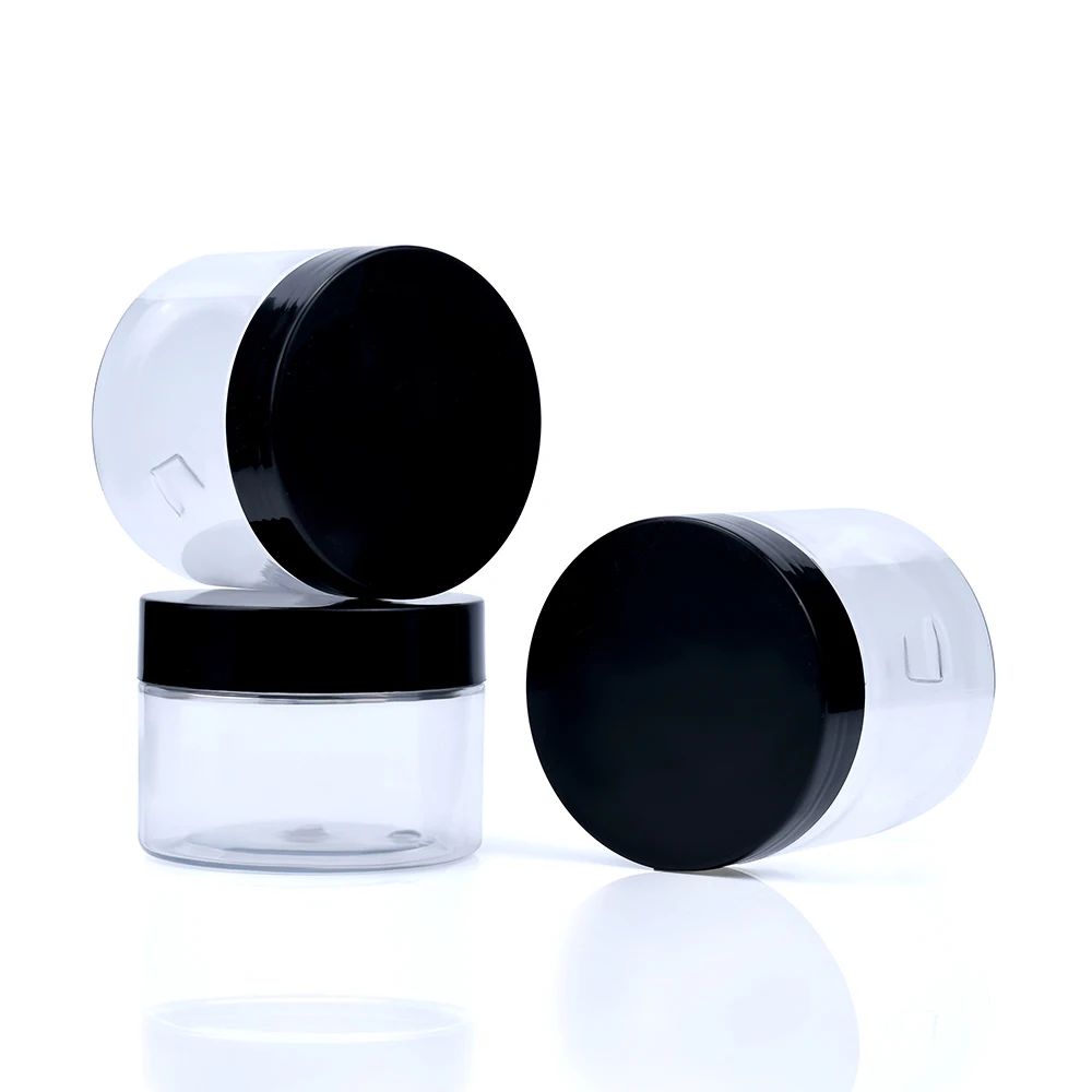 Wholesale 50ml 60ml 80ml 100ml 120ml 150ml 200ml 250ml 500ml clear PET Cosmetic Plastic Jars with Black Lids