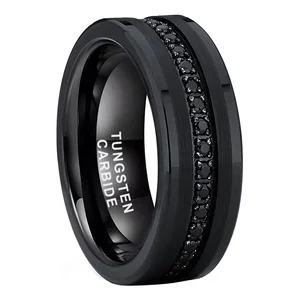 Coolstyle Jewelry 8mm Black Tungsten Ring for Men Women Engagement Promise Wedding Band Princess CZ Stone Inlay Comfort Fit