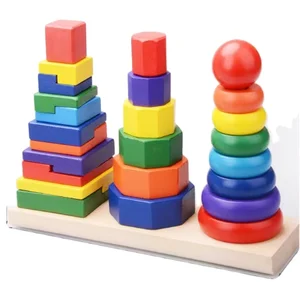 Montessori Educational Wooden Toys Geometric Shape and Color Matching Rainbow Wood Building Block Towers Game for Baby
