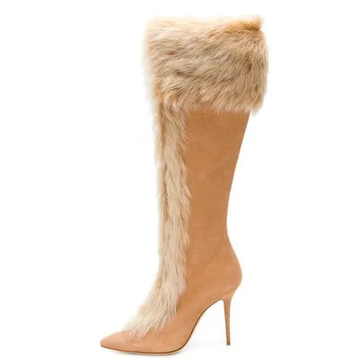 Sweet Gorgeous Rabbit Fur Pointed High Heel Long Knee Length Boots For ...