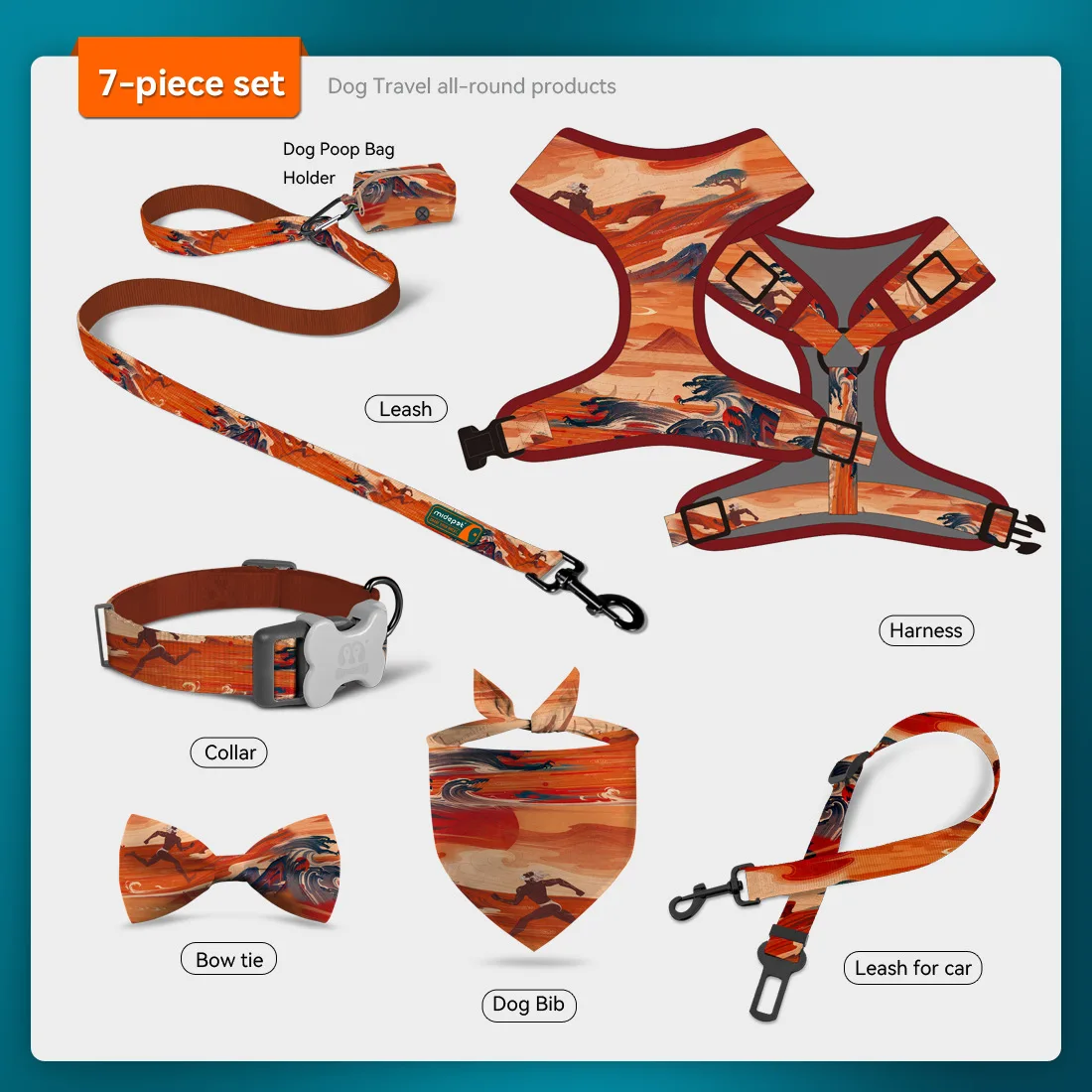 IVYPET OEM Luxury 6-Pieces Pet Dog Harness Set Soft Dog Cat Harness Leash Collar with Poop Bag Holder Bandana Bowknot details