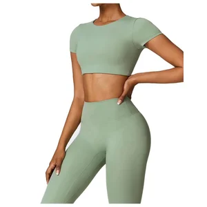 Women's Yoga Set With Short Sleeve Crop Top and Stretchy Leggings Perfect for Gym Training