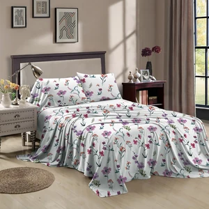 HONEYMOON Botanical Flowers and Check Pattern 100% Cotton King Size Bedding Pigment Printed Floral Sheet Set 4pcs