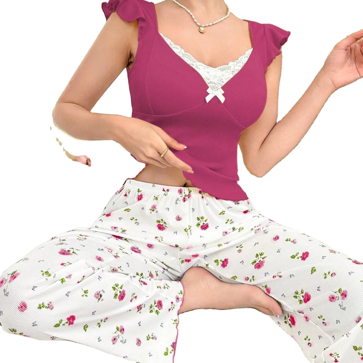 European American Women's Satin Elastic Waist Floral Print Long Pants Ruffled Casual Breathable Ribbed Pajamas