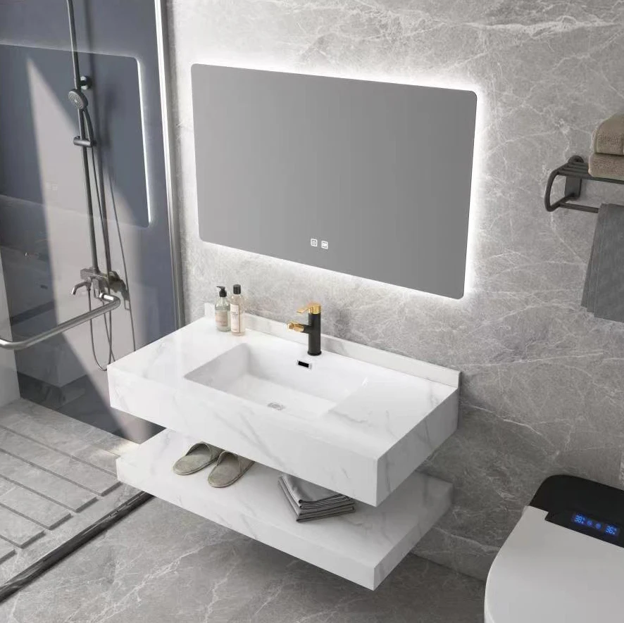 Double-layer wall hung rectangle lavabo luxury bathroom vanity sink white sintered stone cabinet hand wash basin factory