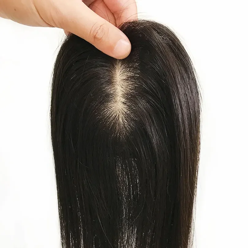 Topper per capelli umani vergini in seta fatto a mano con base in seta per donne, cuoio capelluto naturale, con clip, capelli lisci_voghion.com