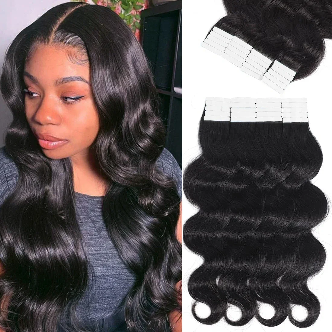 Ταινία Remy Body Wave σε επεκτάσεις μαλλιών, κολλητική ταινία δέρματος, επεκτάσεις ανθρώπινα μαλλιών σε βραζιλιάνικο φυσικό χρώμα μαλλιών_voghion.com