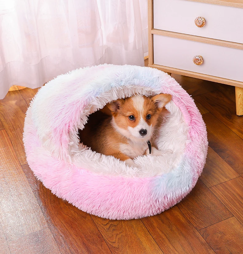 Dog Cat Bed House For Sleep Half Enclosed Pet Nest Warm Plush Kennel