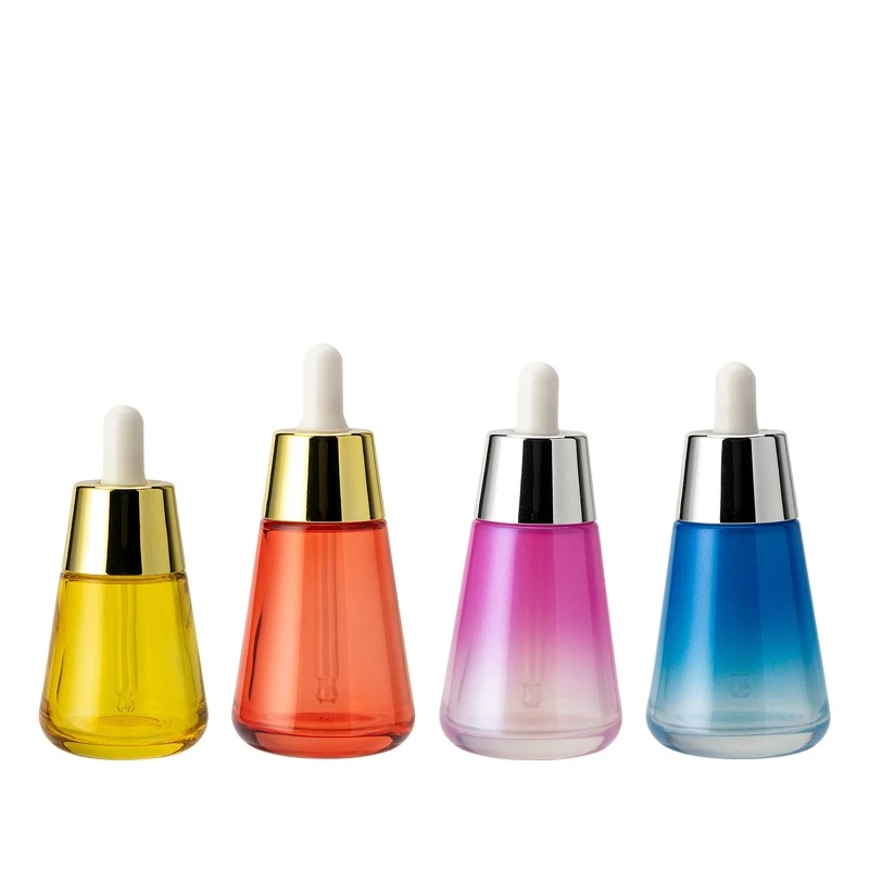 Bouteille luxueuse vide de 30 ml ou 50 ml, rectangulaire, colorée, pour visage et sérum, huiles essentielles, en verre avec compte-gouttes