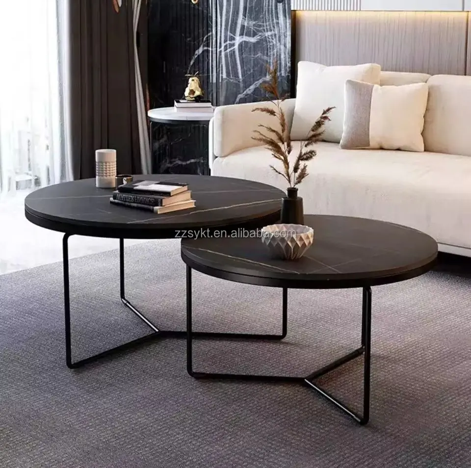 Modern Mdf Tabletop Round Black Marble 2 Wooden Metal Living Room