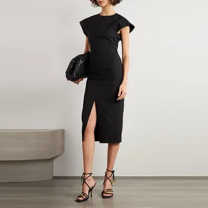 Clothing Manufacturer Custom Spring Summer Black Crew Neck Short Sleeve Elegant Casual Women Linen Midi Dress