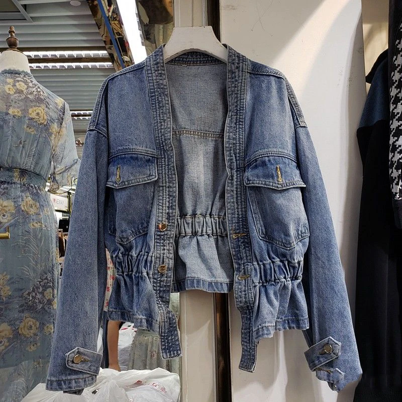 Denim Jacket Female V-neck Waist Fashion Trend All-match Women Jean Jackets in Bulk