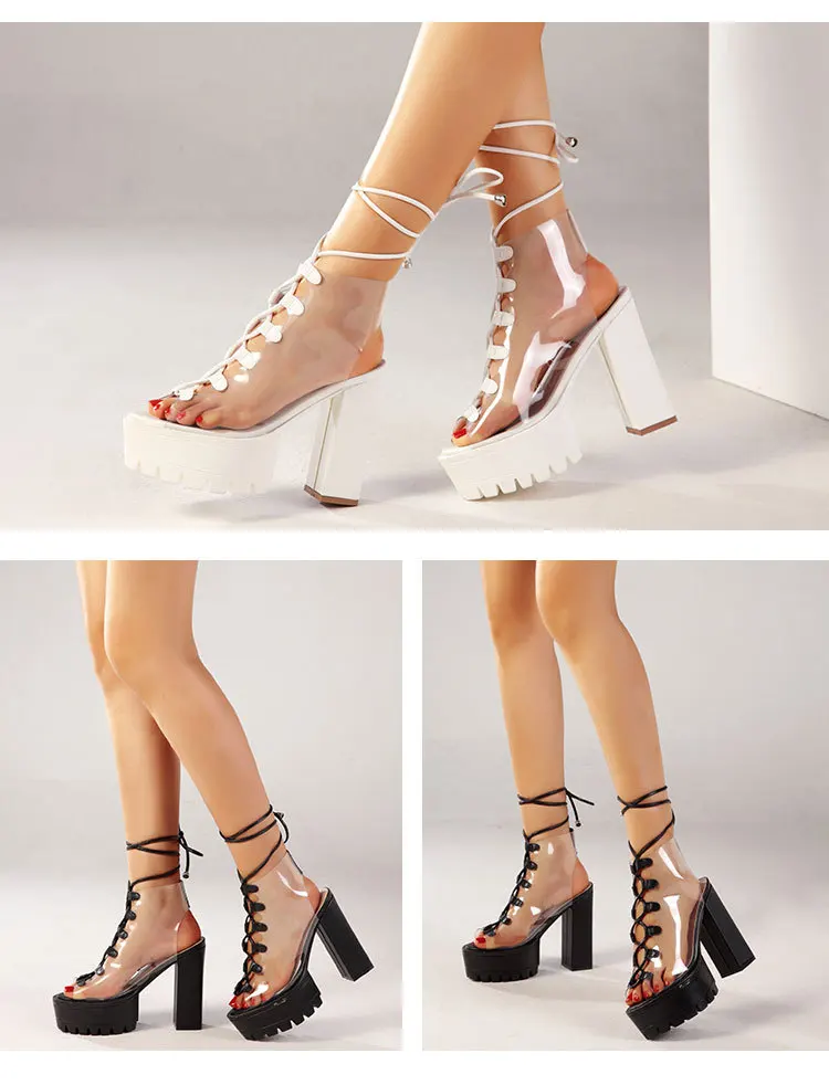 CS043 New summer bandage sandals for women PVC transparent high thick heeled sandals