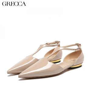 Beige Patent Leather Lace-up Low Heel T-Strap GRECCA Brand Pointed Toe Gold Flat Detail-Fashion Trend Chic Party Office Footwear
