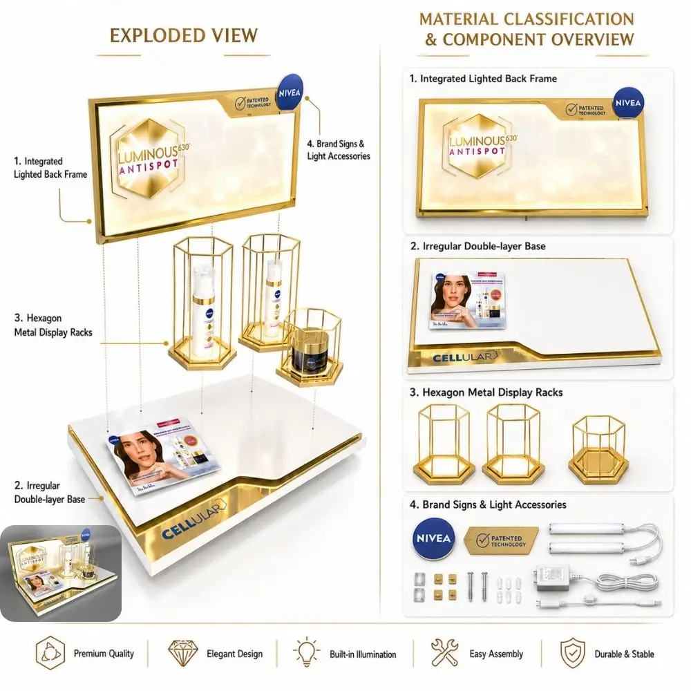Exploded engineering view of integrated multi-material modular cosmetic display stand with LED backframes and metal racks
