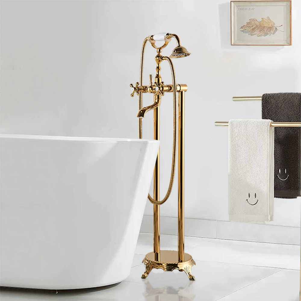 bathrrom落地水龙头黄金双把手热冷水龙头淋浴器龙头浴室浴缸淋浴龙头