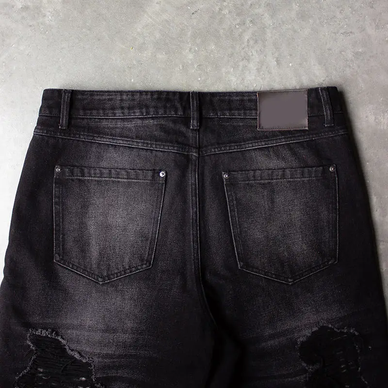 Salati Manufacturer Splicing Plaid Stone Wash Ripped Straight Distressed Bootcut Streetwear Baggy Flared Jeans Denim Pant Men gallery 4