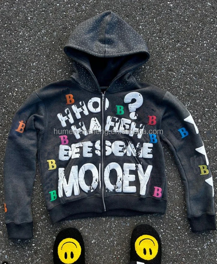 Streetwear Custom Puff Print Hoodie 500gsm 450gsm Cotton Rhinestone French  Terry Acid Wash Zip up Cropped Hoodies Men