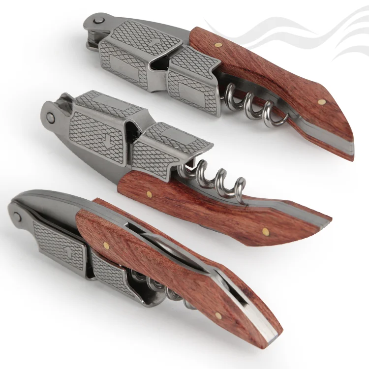 Multi-Functional 3-in-1 Pocket Wine Bottle Opener Tool Double Hinged Wood Handle Stainless Steel Folding Wine Corkscrew Opener