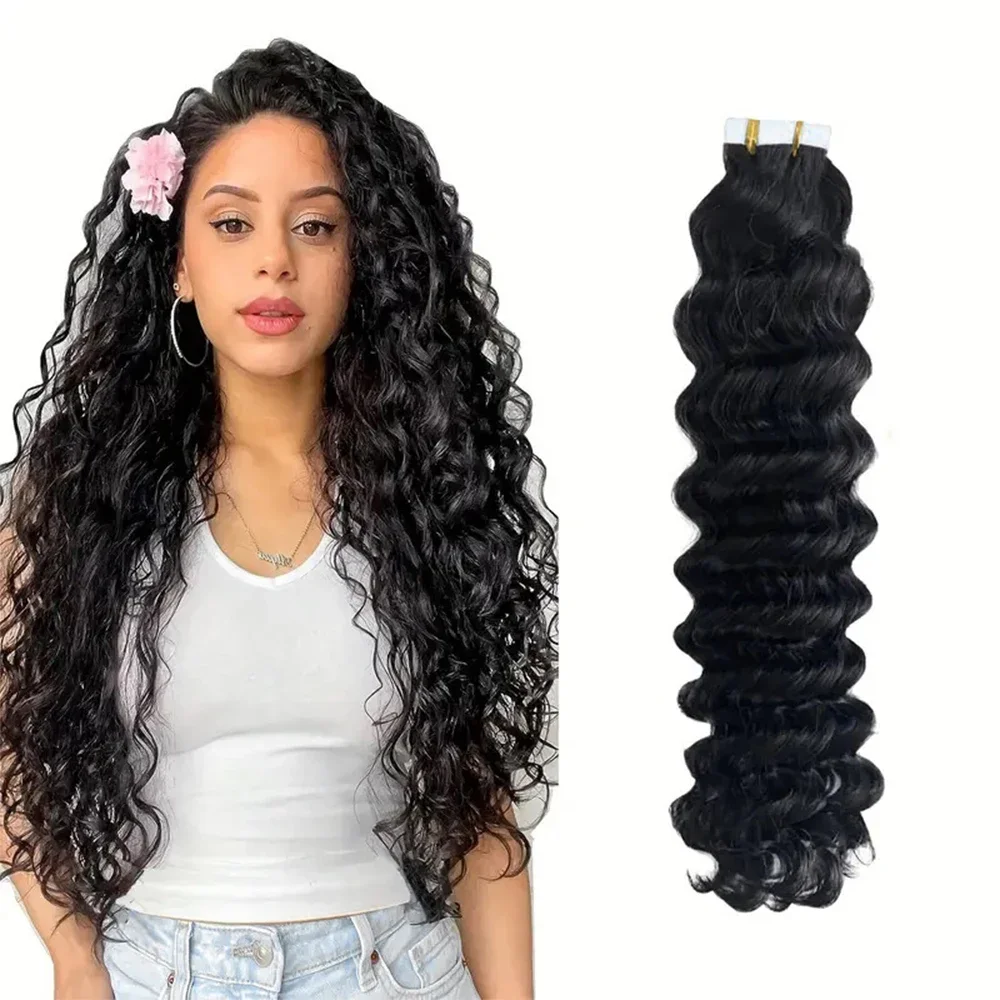 Extensii de păr cu bandă adezivă, 26 de inci, cu onduleuri adânci, pentru femei de culoare, 100% păr Remy, cu bandă adezivă, culoare naturală, negru #1B_voghion.com