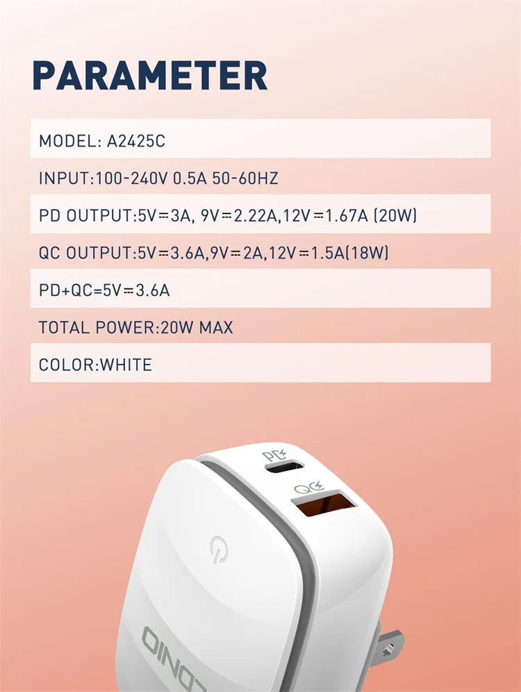 LDNIO A2425C TRAVEL CHARGER US EU UK PLUG 20W PD CHARGER WITH SOFT NIGHT LAMP
