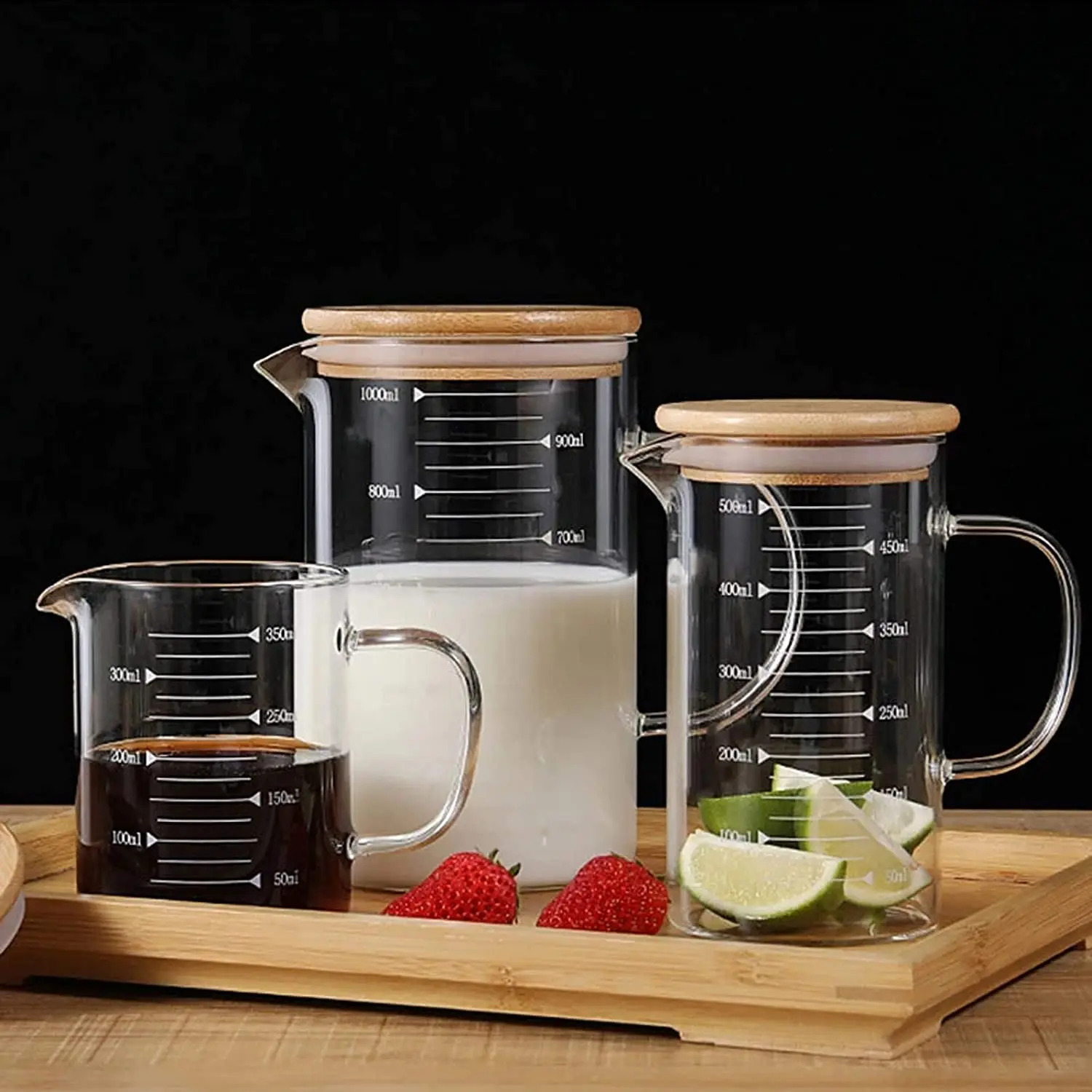 1L Airtight Lid Pitcher Beaker Liquid Glass Mixing Measure Cups Jugs for Coffee & Tea Sets