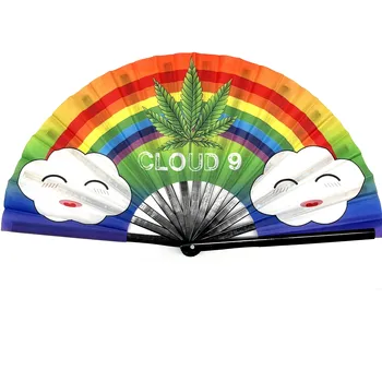 Wholesale Customized Printed 13'' Bamboo Polyester Large Rave Clack Hand Fans Festival Parties Accessories