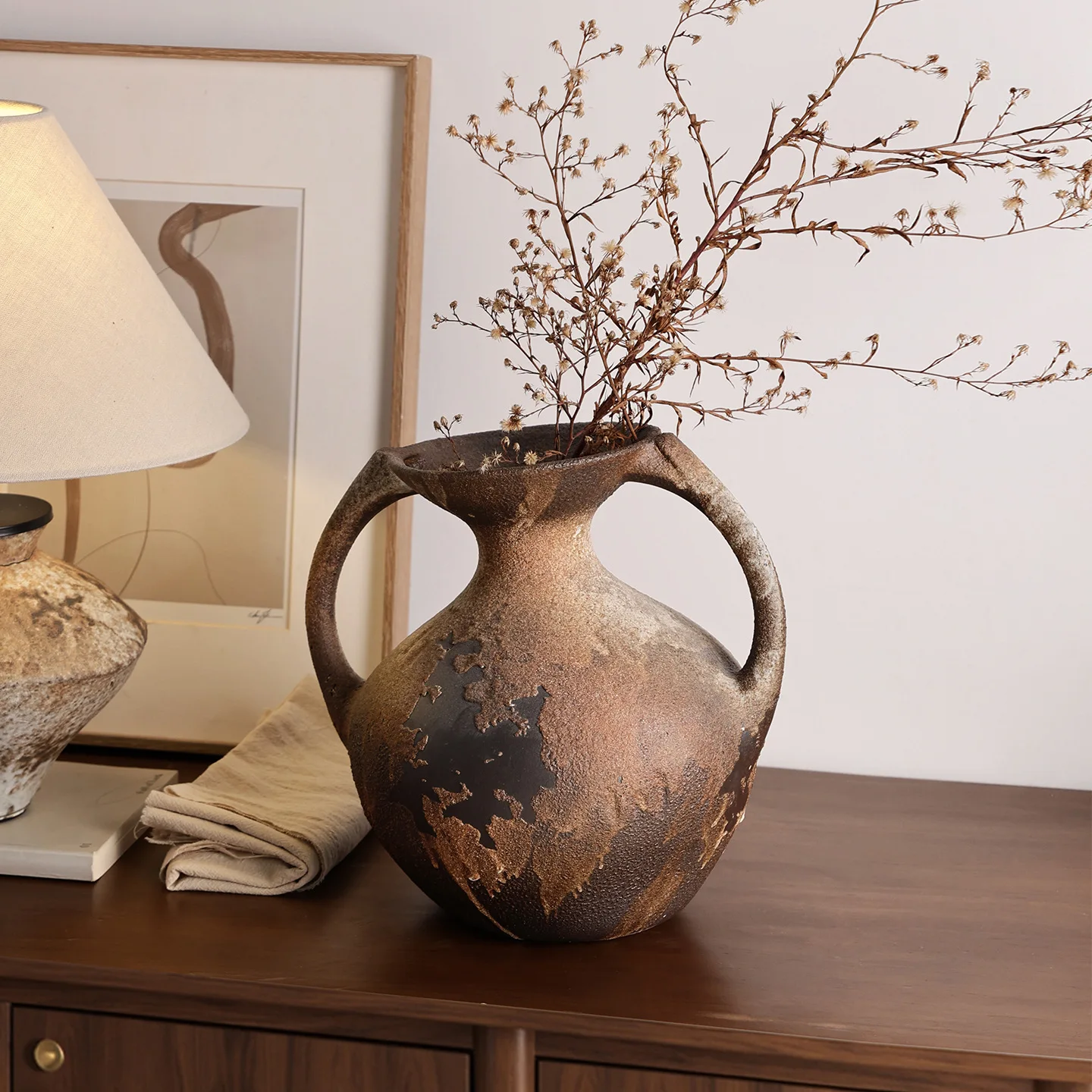 Wabi Sabi Ceramic Vase with Two Handles Rustic Brown Black Gradient Finish Vintage Style Home Decor Dried Flower Arrangement