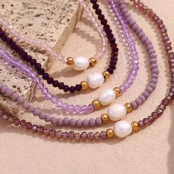 Purple Resin Bead Necklace Fresh Water Pearl Necklace Gold Plated Chain Necklace Stainless Steel Jewelry