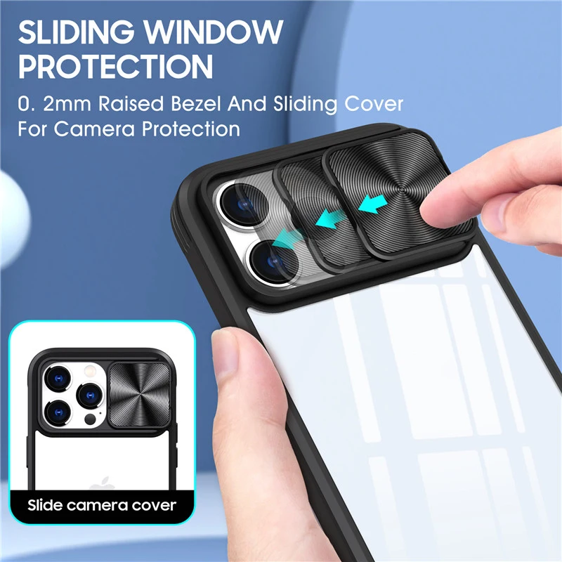 Double Side Cover Protective 2 in 1 Shockproof TPU PC Transparent Push Camera Window Mobile Phone Case for iPhone 14 13 12 11