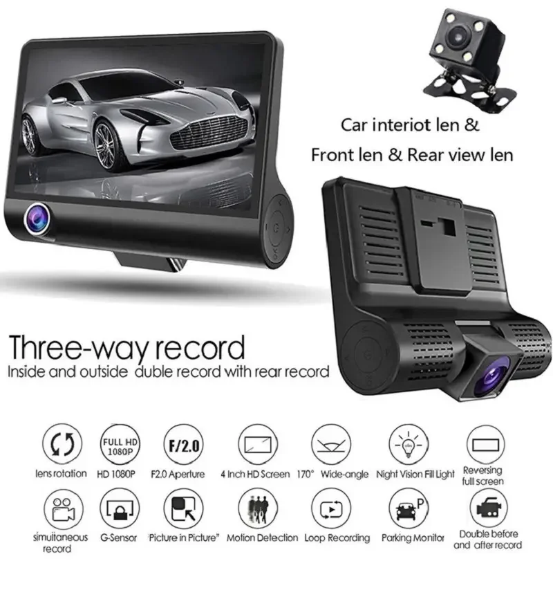Otomatik kayıt Dash kamera araba dvr'ı 4 inç ekran Dash kamera 3 kameralar Lens dikiz kamera ile taşınabilir Video kaydedici