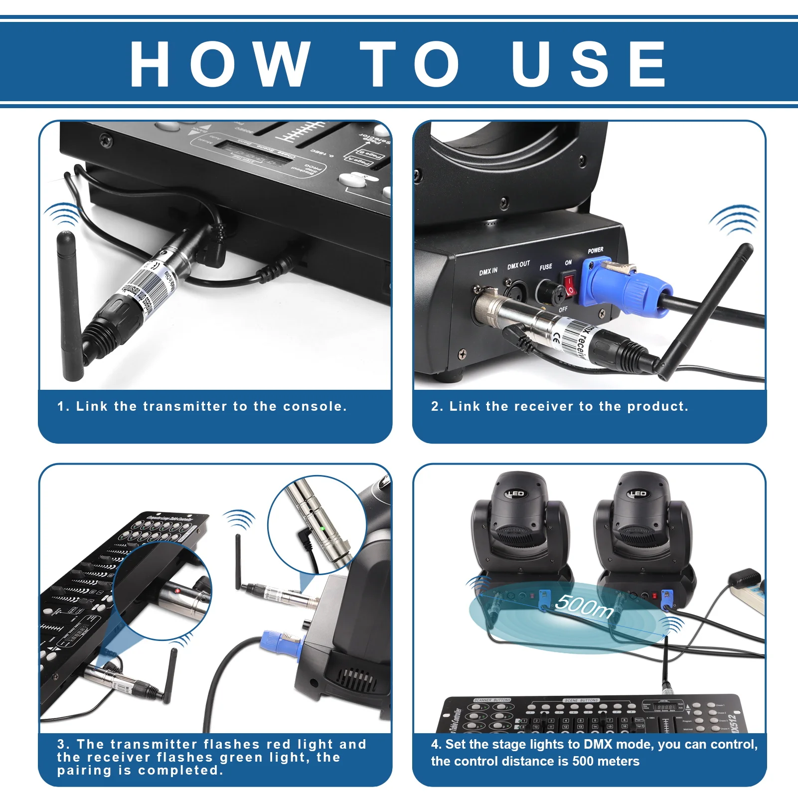Wireless 2.4G DMX 512 Transmitter / Receiver for Dj Stage Lighting Controller